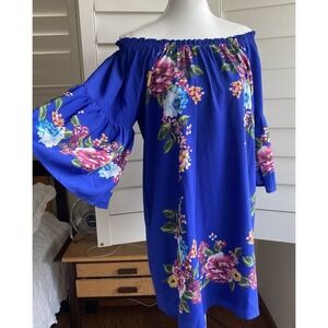 Umgee M Blue‎ Floral Off Shoulder Dress Bell Sleeve Boho Gypsy USA Made Pockets
